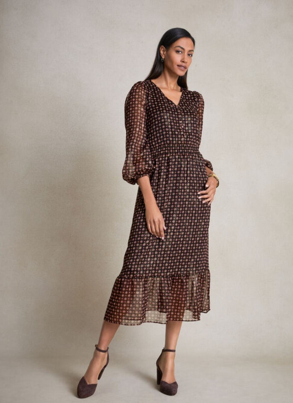 TALBOTS Fit & Flare Midi Dress in Black Printed Dainty Medallion // 6